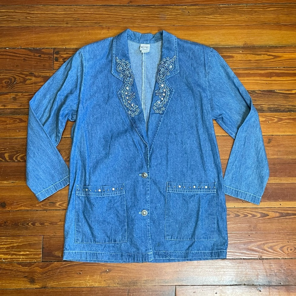 Women’s Vintage Bridge Denim Jacket Embroidered  Floral Jean Retro Sz Small
